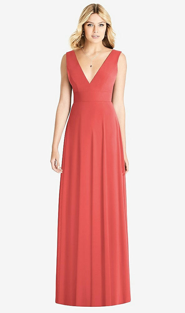 Front View - Perfect Coral Sleeveless Deep V-Neck Open-Back Dress