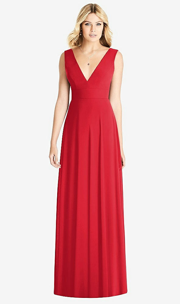 Front View - Parisian Red Sleeveless Deep V-Neck Open-Back Dress