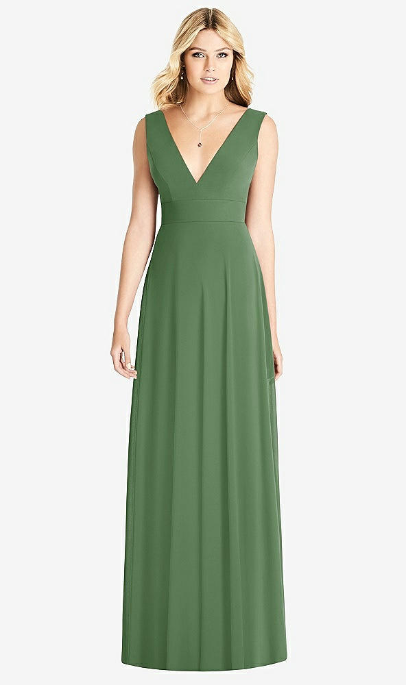 Front View - Vineyard Green Sleeveless Deep V-Neck Open-Back Dress