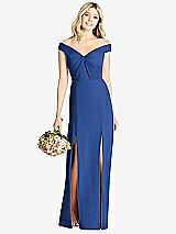 Front View Thumbnail - Classic Blue Off-the-Shoulder Pleated Bodice Dress with Front Slits