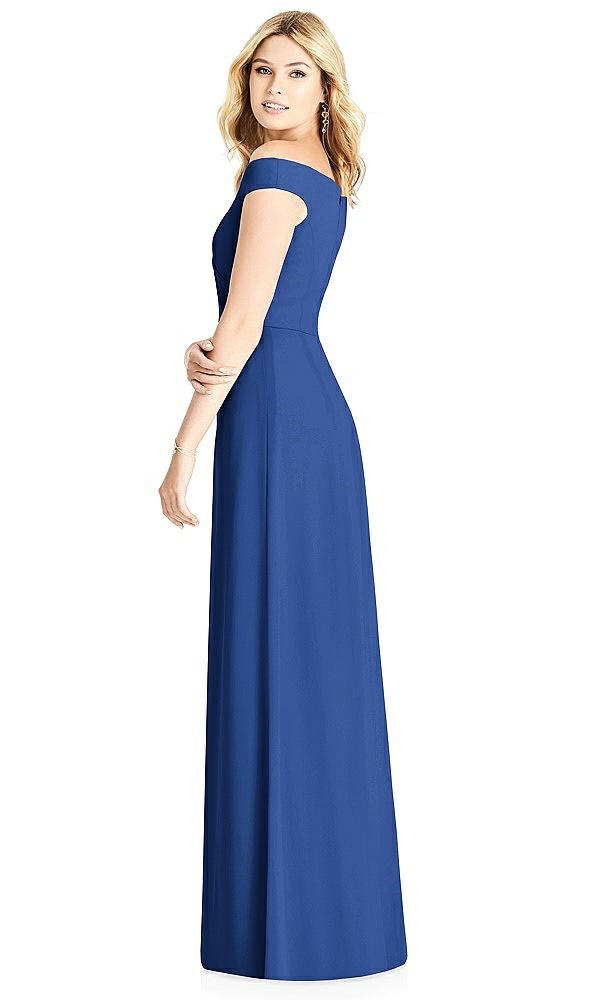 Back View - Classic Blue Off-the-Shoulder Pleated Bodice Dress with Front Slits