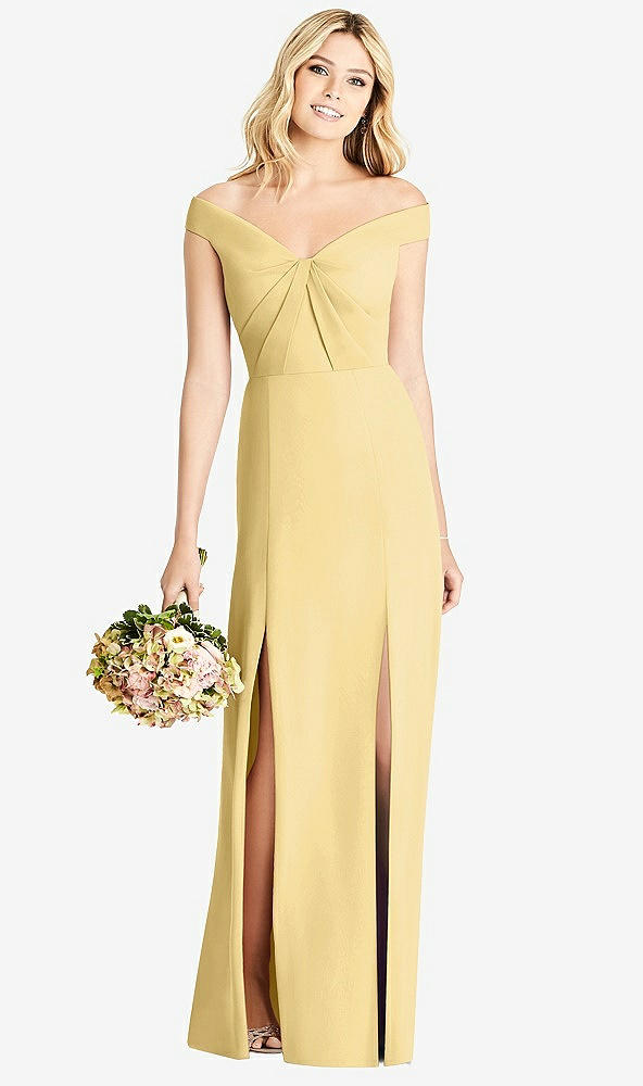 Front View - Buttercup Off-the-Shoulder Pleated Bodice Dress with Front Slits