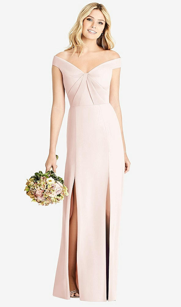 Front View - Blush Off-the-Shoulder Pleated Bodice Dress with Front Slits