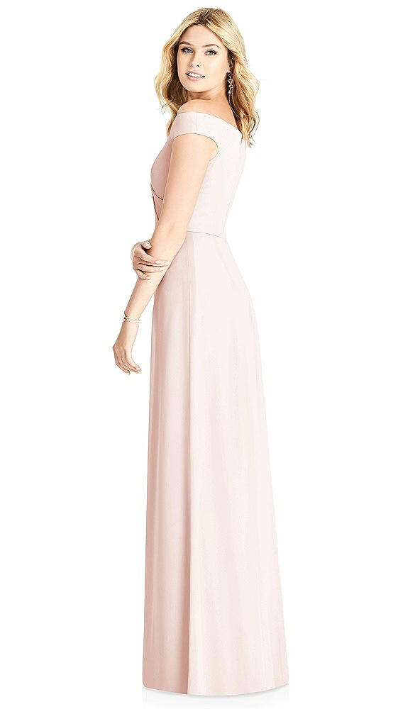 Back View - Blush Off-the-Shoulder Pleated Bodice Dress with Front Slits