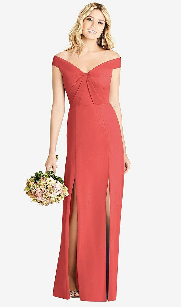 Front View - Perfect Coral Off-the-Shoulder Pleated Bodice Dress with Front Slits
