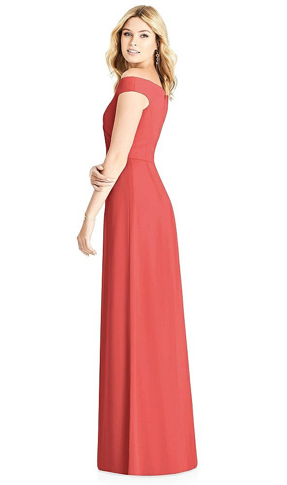Back View - Perfect Coral Off-the-Shoulder Pleated Bodice Dress with Front Slits