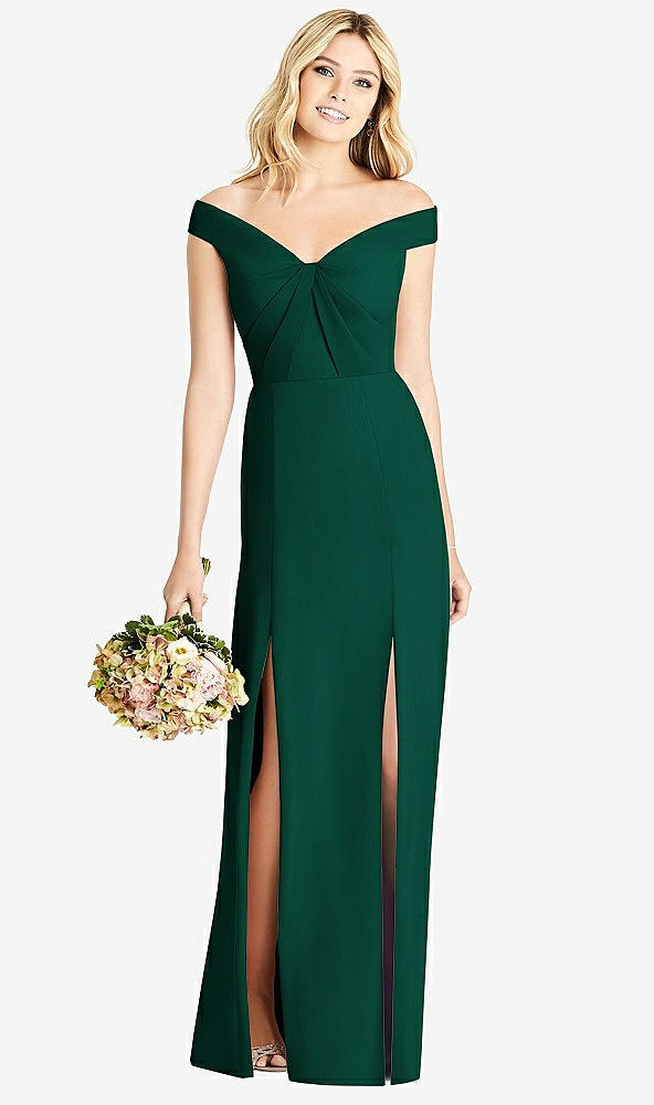 Front View - Hunter Green Off-the-Shoulder Pleated Bodice Dress with Front Slits