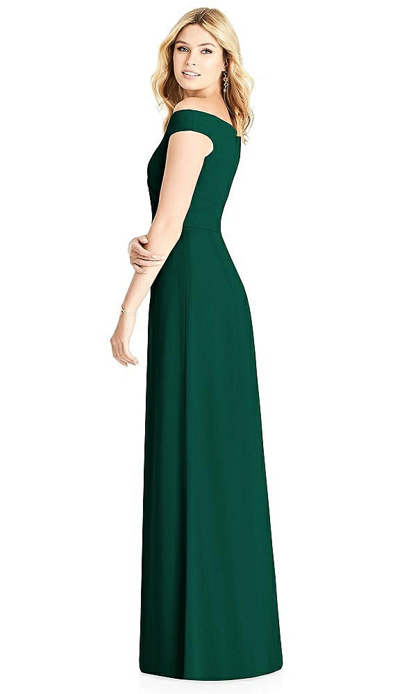 Back View - Hunter Green Off-the-Shoulder Pleated Bodice Dress with Front Slits