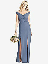 Front View Thumbnail - Larkspur Blue Off-the-Shoulder Pleated Bodice Dress with Front Slits