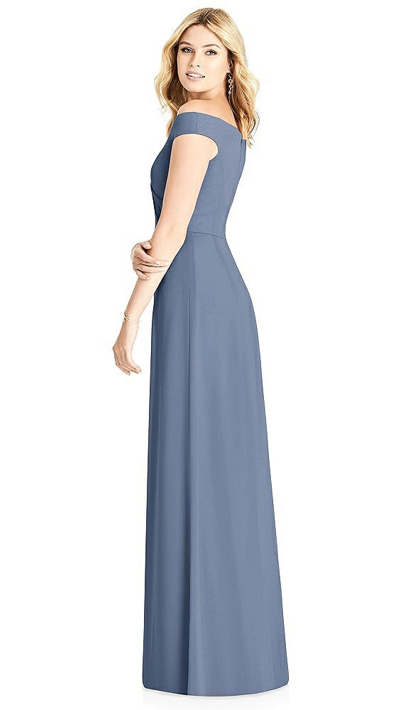Back View - Larkspur Blue Off-the-Shoulder Pleated Bodice Dress with Front Slits