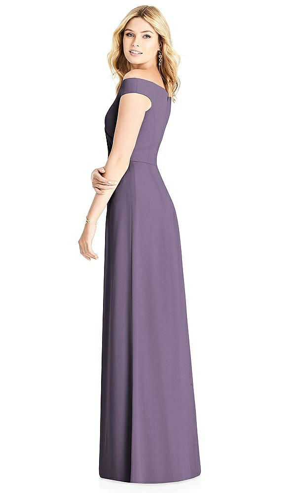 Back View - Lavender Off-the-Shoulder Pleated Bodice Dress with Front Slits