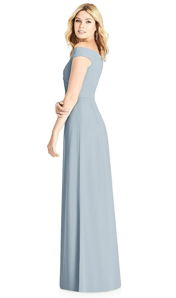 Back View - Mist Off-the-Shoulder Pleated Bodice Dress with Front Slits