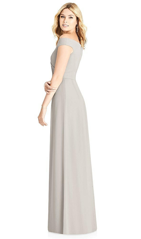 Back View - Oyster Off-the-Shoulder Pleated Bodice Dress with Front Slits