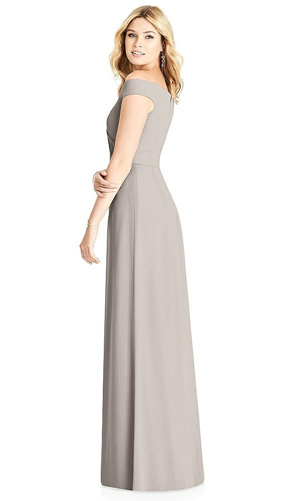 Back View - Taupe Off-the-Shoulder Pleated Bodice Dress with Front Slits