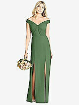 Front View Thumbnail - Vineyard Green Off-the-Shoulder Pleated Bodice Dress with Front Slits