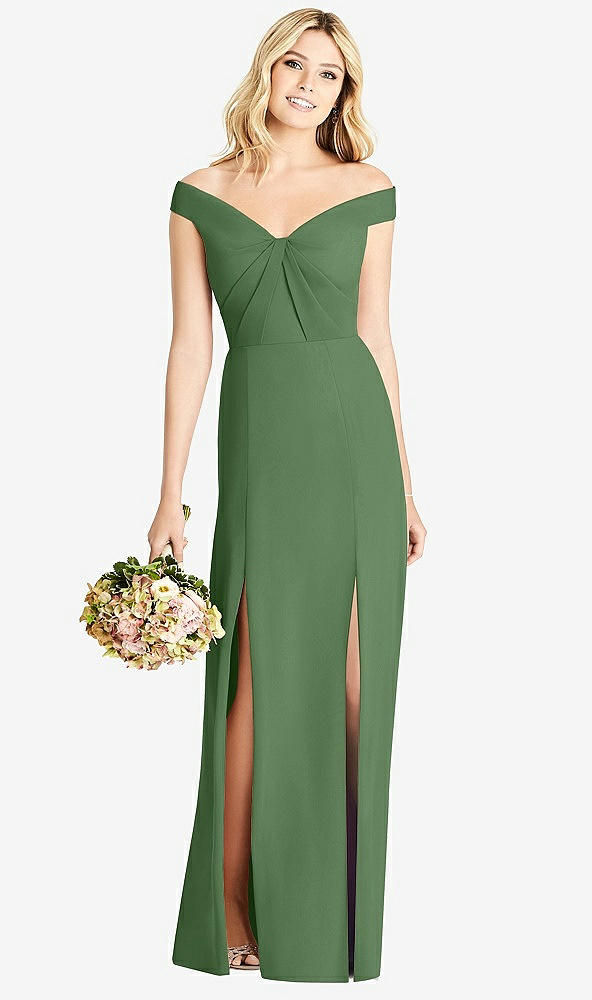 Front View - Vineyard Green Off-the-Shoulder Pleated Bodice Dress with Front Slits