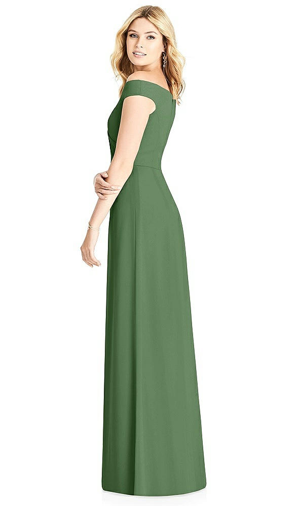Back View - Vineyard Green Off-the-Shoulder Pleated Bodice Dress with Front Slits