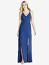 Front View Thumbnail - Classic Blue Dual Spaghetti Strap Crepe Dress with Front Slits