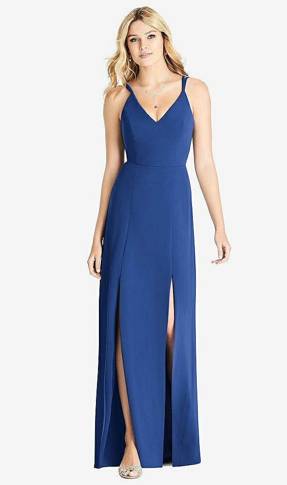 Front View - Classic Blue Dual Spaghetti Strap Crepe Dress with Front Slits