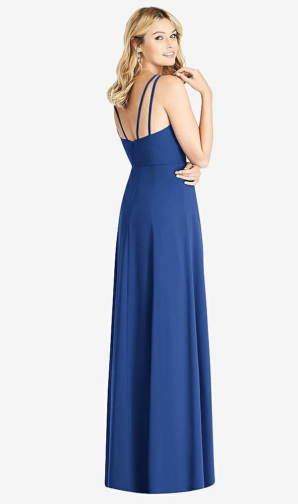 Back View - Classic Blue Dual Spaghetti Strap Crepe Dress with Front Slits