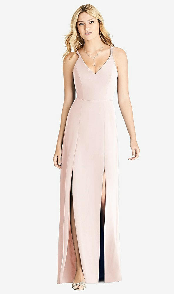 Front View - Blush Dual Spaghetti Strap Crepe Dress with Front Slits