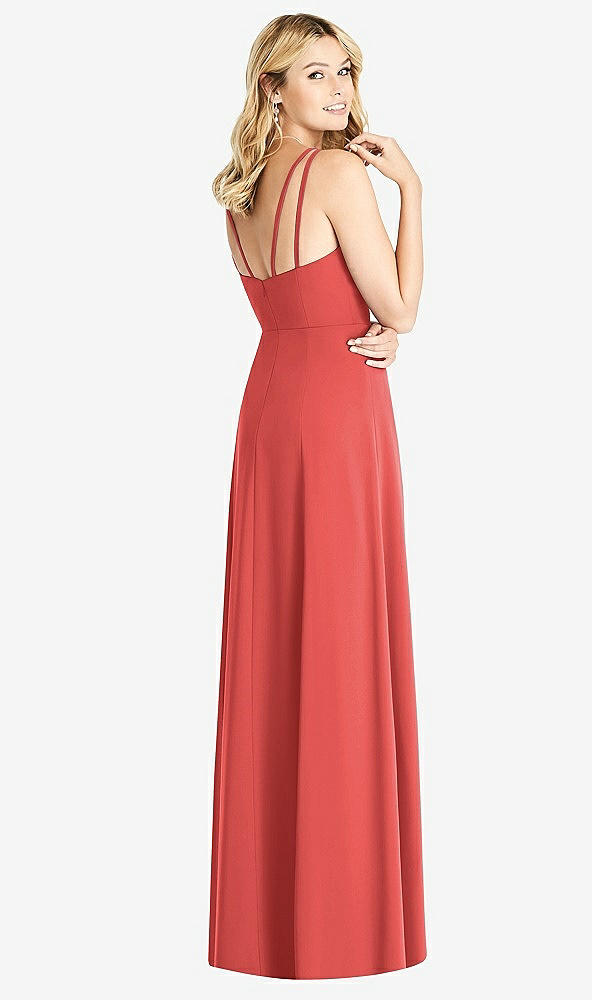 Back View - Perfect Coral Dual Spaghetti Strap Crepe Dress with Front Slits