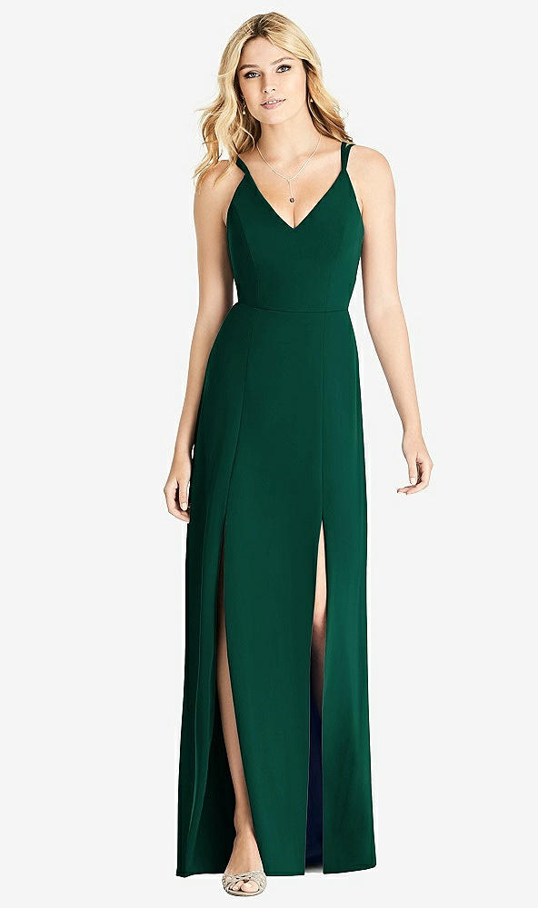 Front View - Hunter Green Dual Spaghetti Strap Crepe Dress with Front Slits