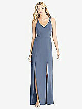 Front View Thumbnail - Larkspur Blue Dual Spaghetti Strap Crepe Dress with Front Slits