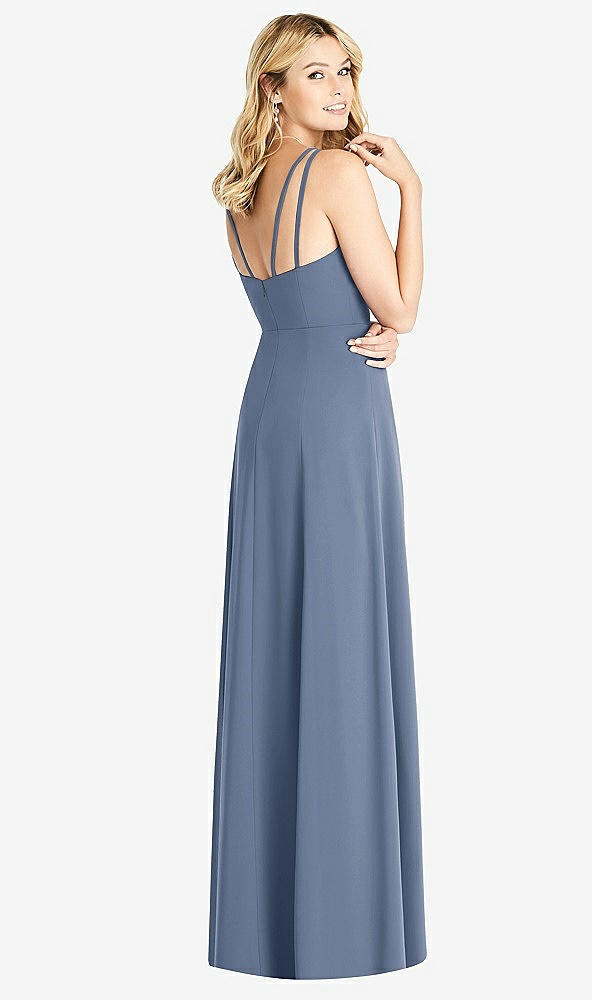 Back View - Larkspur Blue Dual Spaghetti Strap Crepe Dress with Front Slits