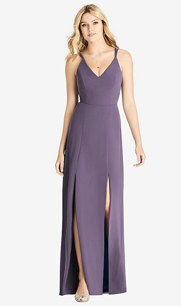 Front View - Lavender Dual Spaghetti Strap Crepe Dress with Front Slits