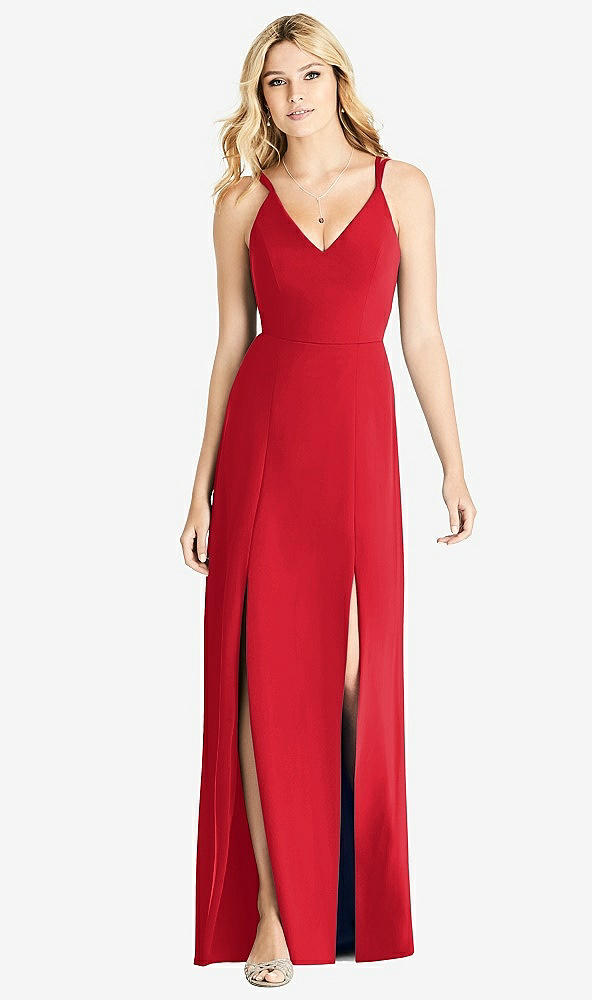 Front View - Parisian Red Dual Spaghetti Strap Crepe Dress with Front Slits