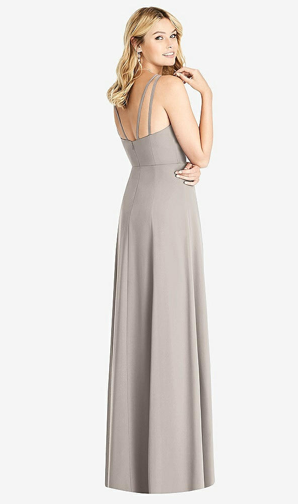 Back View - Taupe Dual Spaghetti Strap Crepe Dress with Front Slits