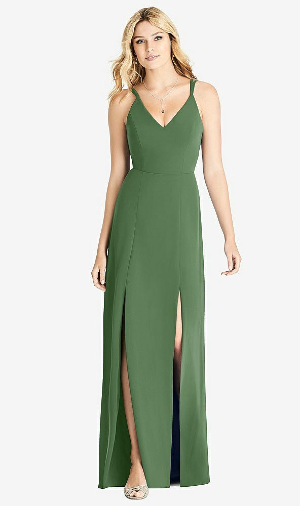 Front View - Vineyard Green Dual Spaghetti Strap Crepe Dress with Front Slits