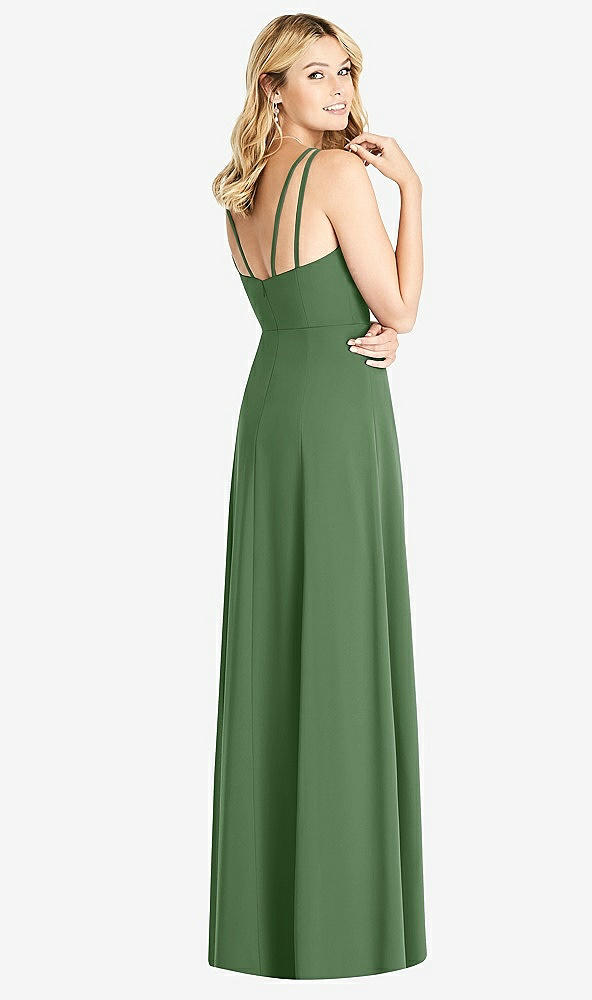 Back View - Vineyard Green Dual Spaghetti Strap Crepe Dress with Front Slits