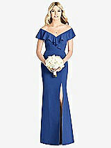 Front View Thumbnail - Classic Blue Off-the-Shoulder Draped Ruffle Faux Wrap Trumpet Gown
