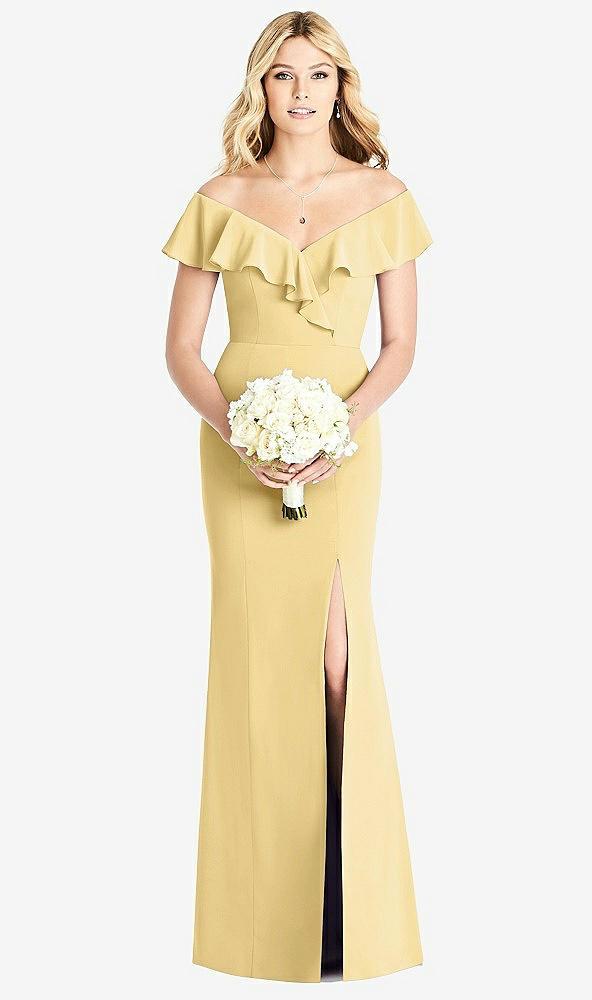Front View - Buttercup Off-the-Shoulder Draped Ruffle Faux Wrap Trumpet Gown