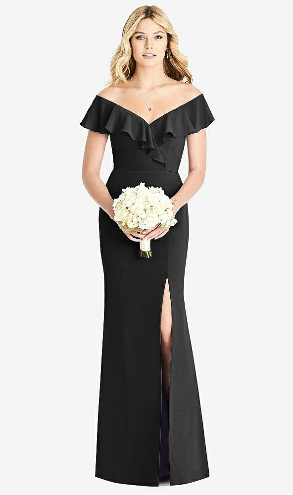 Front View - Black Off-the-Shoulder Draped Ruffle Faux Wrap Trumpet Gown
