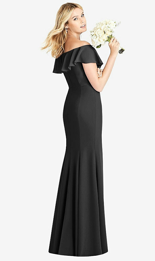 Back View - Black Off-the-Shoulder Draped Ruffle Faux Wrap Trumpet Gown