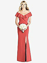 Front View Thumbnail - Perfect Coral Off-the-Shoulder Draped Ruffle Faux Wrap Trumpet Gown