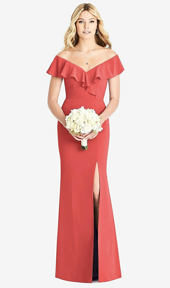 Front View - Perfect Coral Off-the-Shoulder Draped Ruffle Faux Wrap Trumpet Gown