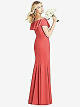 Rear View Thumbnail - Perfect Coral Off-the-Shoulder Draped Ruffle Faux Wrap Trumpet Gown
