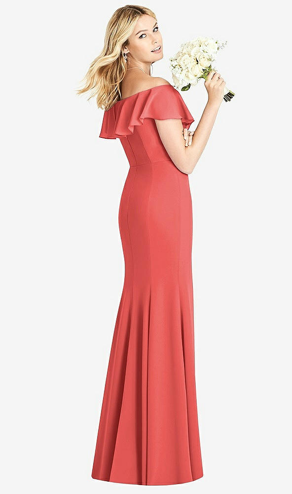 Back View - Perfect Coral Off-the-Shoulder Draped Ruffle Faux Wrap Trumpet Gown
