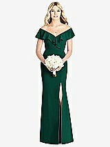 Front View Thumbnail - Hunter Green Off-the-Shoulder Draped Ruffle Faux Wrap Trumpet Gown