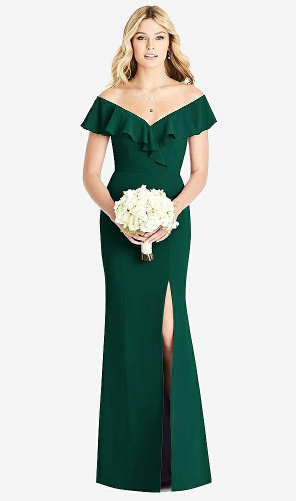 Front View - Hunter Green Off-the-Shoulder Draped Ruffle Faux Wrap Trumpet Gown