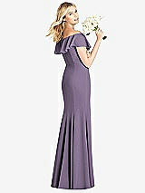 Rear View Thumbnail - Lavender Off-the-Shoulder Draped Ruffle Faux Wrap Trumpet Gown