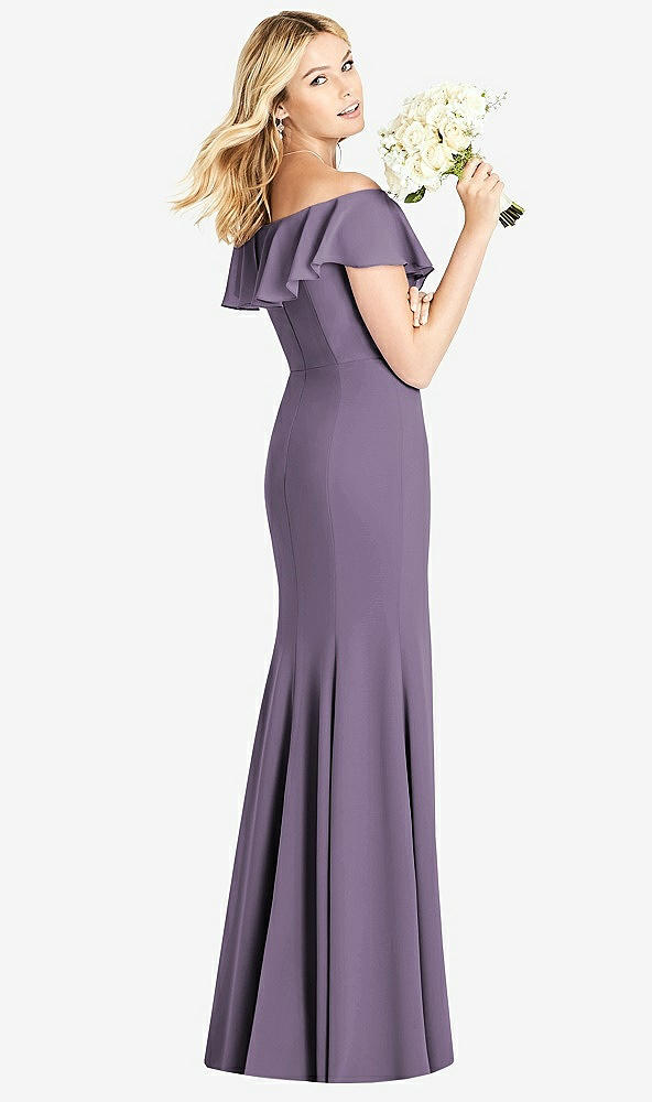 Back View - Lavender Off-the-Shoulder Draped Ruffle Faux Wrap Trumpet Gown