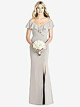 Front View Thumbnail - Oyster Off-the-Shoulder Draped Ruffle Faux Wrap Trumpet Gown