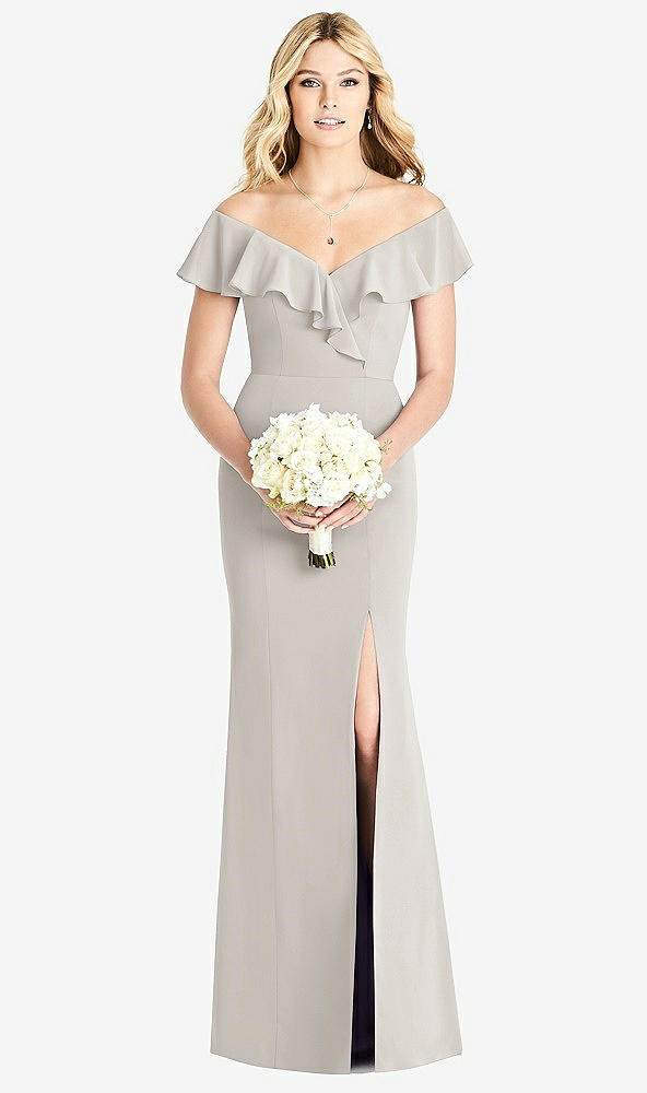 Front View - Oyster Off-the-Shoulder Draped Ruffle Faux Wrap Trumpet Gown