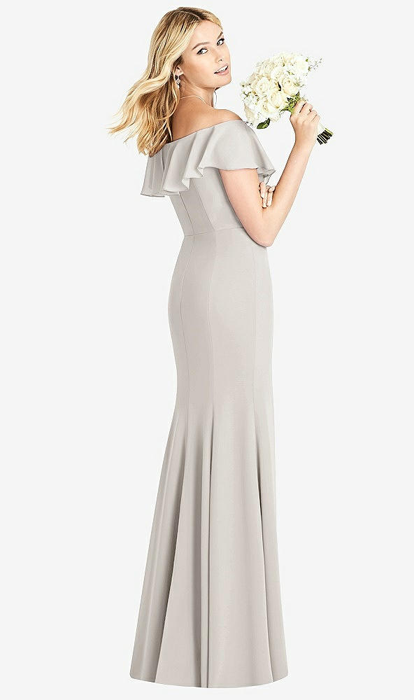 Back View - Oyster Off-the-Shoulder Draped Ruffle Faux Wrap Trumpet Gown