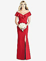 Front View Thumbnail - Parisian Red Off-the-Shoulder Draped Ruffle Faux Wrap Trumpet Gown